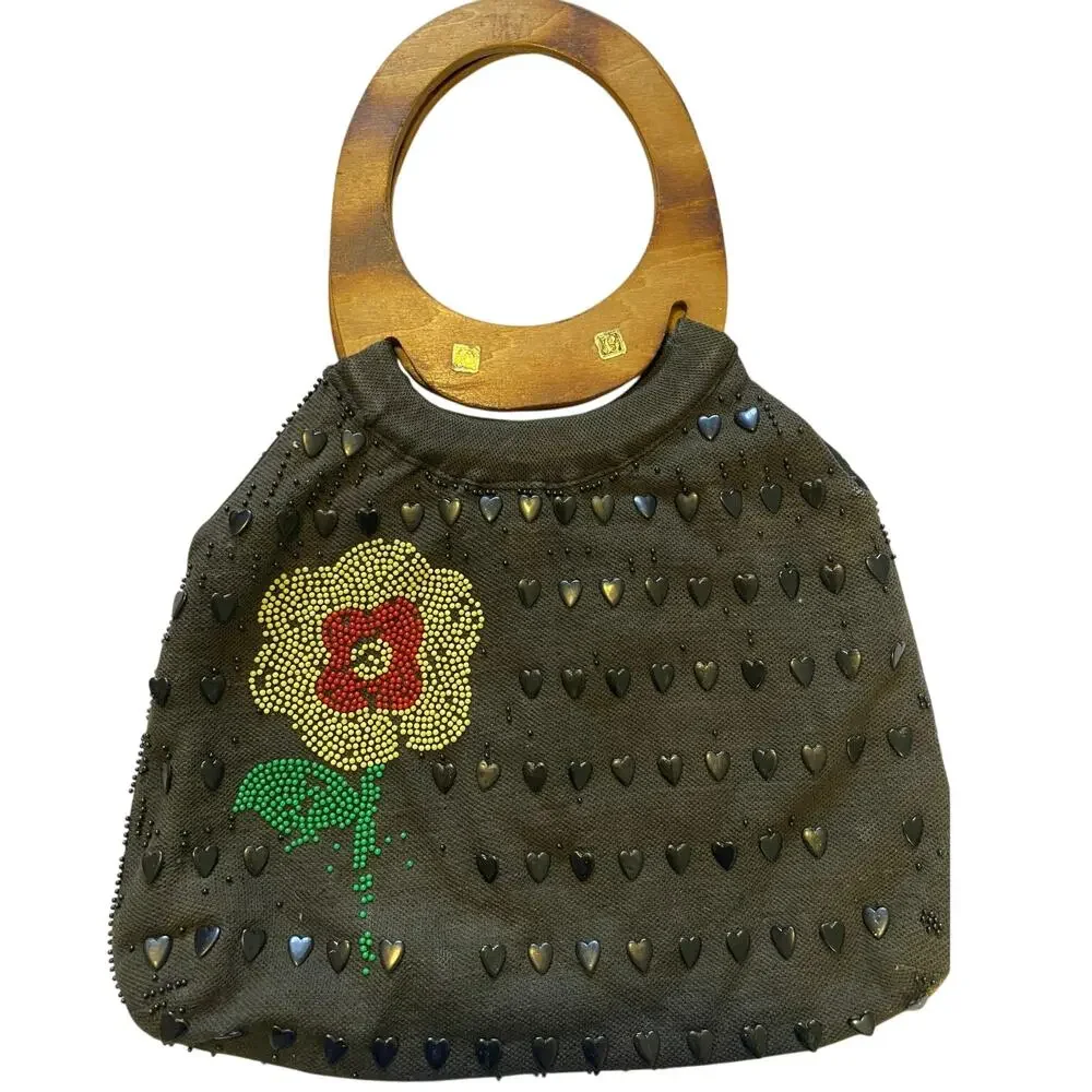 VTG Mrs Jonas style Black heart beaded‎ handbag Wood flat handle 70s Hong Kong